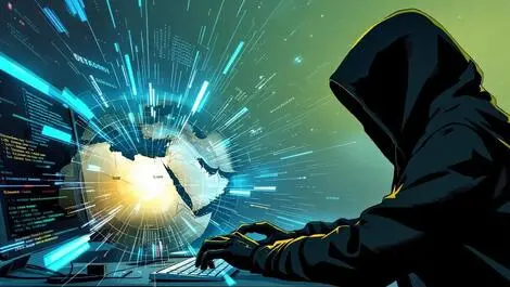 Hooded figure at computer digital code streaming targeting middle east map