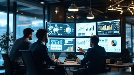 Confident business team analyzing digital dashboards risk management