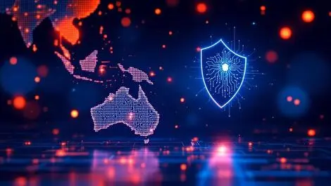 Digital circuit shield protecting glowing pacific islands map cybersecurity