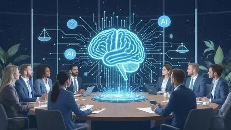 Australian business meeting ai digital brain ethics sustainability illustration