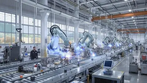 Modern european factory floor automated robotic arms advanced inspection quality control