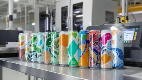 Realistic photo aluminum mineral water cans colorful patterns australian factory digital printing