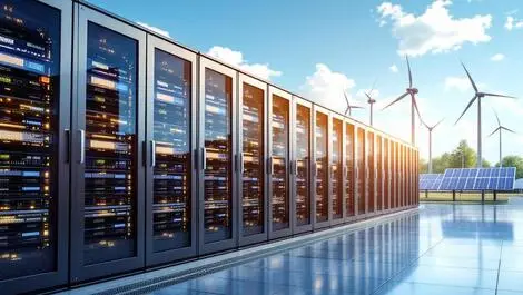 Large modern data center rows server racks green energy european sunny landscape