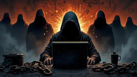 Dramatic illustration hooded figure computer dark digital broken chains shadowy law enforcement
