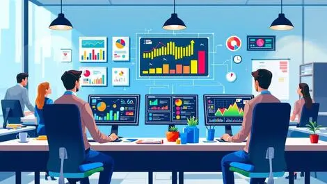 Modern office sales professionals working data driven automation charts graphs