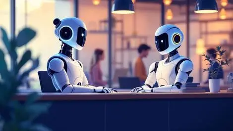 Friendly ai robot assisting customers service desk modern office