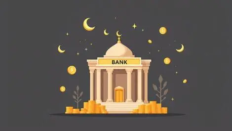 Modern bank building islamic architecture gold coins crescents growth