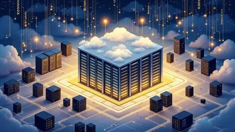 Illustration modern data center building with servers and secure vaults glowing