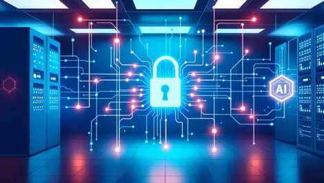 Secure locked server room glowing ai circuitry computer servers enterprise ai deployment