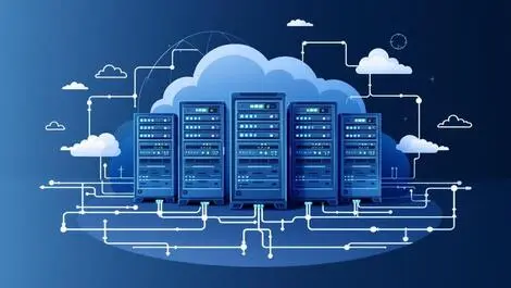 Modern cloud data center rows servers network cables global connectivity