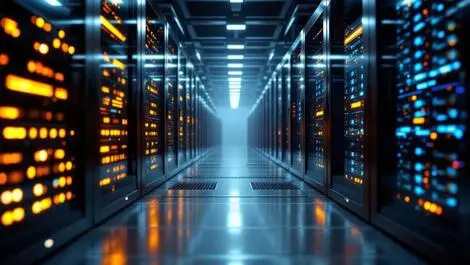 Realistic photograph modern data center server racks glowing indicator lights