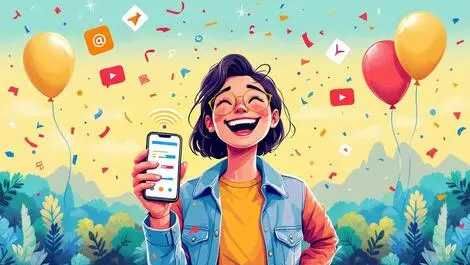 Cheerful person holding smartphone with signal bars celebration australian landscape