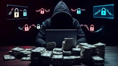 Hooded figure dark room computer digital locks chains cash ransom data theft