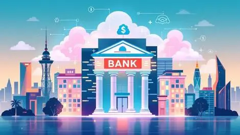 Modern bank buildings with digital cloud icons latin america southeast asia