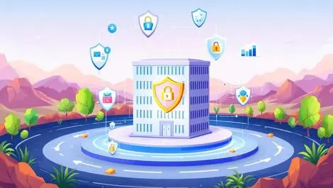 Secure office building protected by shields with digital security icons australia nz