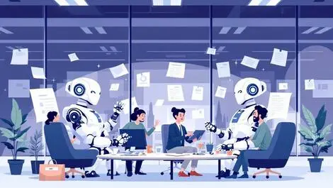 Modern new zealand office workers collaborating with ai robotic assistants symbolizing integration