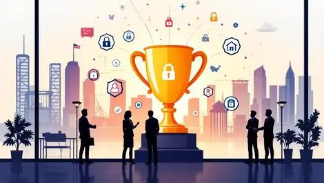 Trophy network security icons businesspeople handshake office au nz landmarks