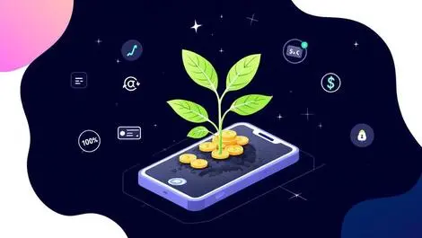 Smartphone with blooming plant financial growth digital money icons