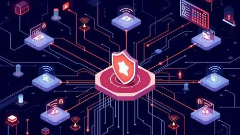 Illustration computer network shield threat detection cyber protection rapid response