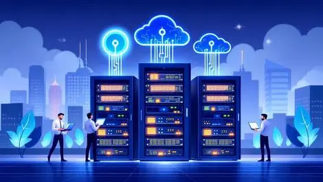 Modern data centers glowing server racks cloud icons business professionals perth skyline