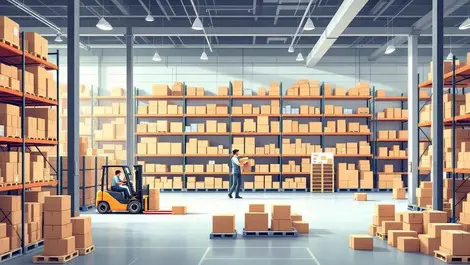 Modern warehouse interior shelves boxes forklifts workers logistics operations