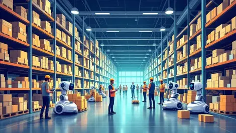 Modern warehouse interior workers handheld devices autonomous robots