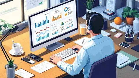 Modern accountant using computer digital graphs charts automated workflow