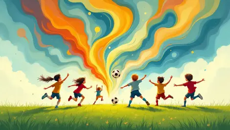Enthusiastic north american children playing football with poetic abstract shapes