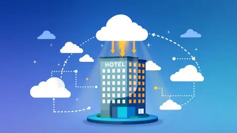 Modern hotel building connected to digital cloud symbolizing unified hotel management