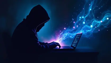 Shadowy hacker using laptop with ghostly code flowing data escape