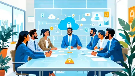 Office professionals discussing cloud ai data flow security icons modern