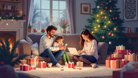 British family cozy living room christmas gift shopping online laptop smartphone