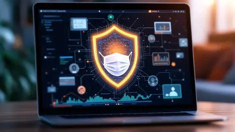 Realistic laptop security shield digital face mask ai deepfake scam detection home