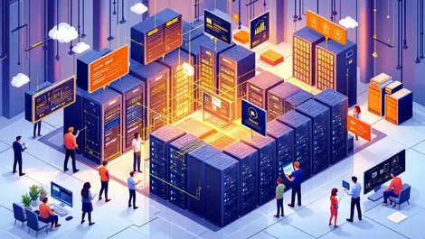 Large data center server racks people networking job opportunities professional