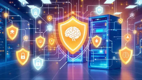 Secure server room digital shields interconnected ai brain icons advanced ai security
