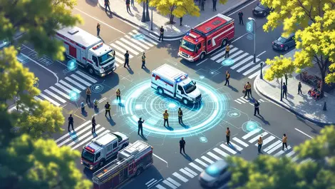 Emergency responders coordinating city intersection digital interfaces technology public safety