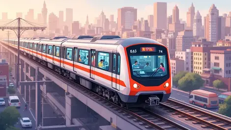 Modern indian metro train elevated tracks cityscape control system passengers