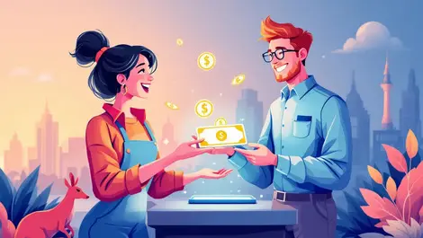 Australian small business owners receiving digital payments with sydney opera house and kangaroos