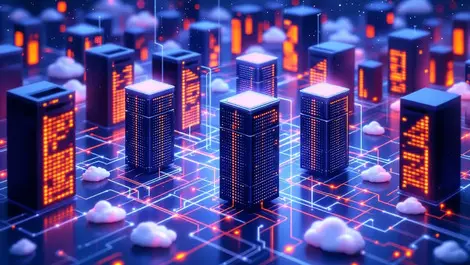 Interconnected data centers glowing server racks cables global cloud network ai