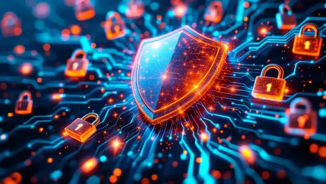 Digital shield surrounded by sparkling locks and abstract data streams cybersecurity defense