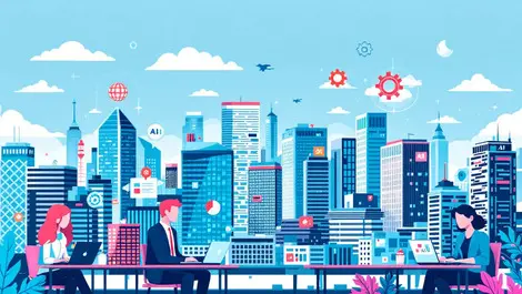 Bustling city skyline sydney modern offices professionals digital tech icons