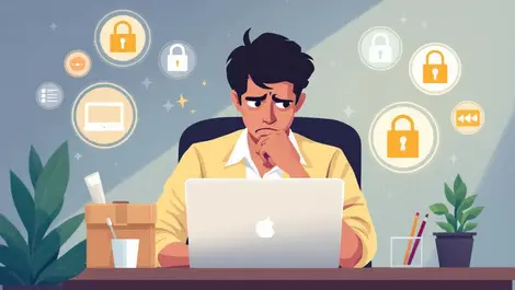 Worried australian small business owner laptop digital security icons