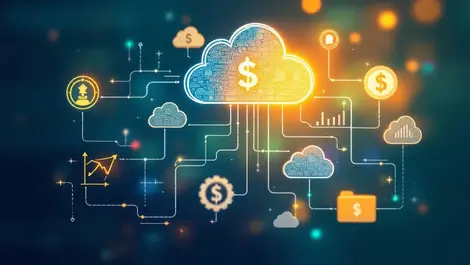 Interconnected cloud icons financial symbols data streams unified systems