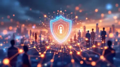 Digital shield interconnected glowing lines abstract human silhouettes global ai identity security