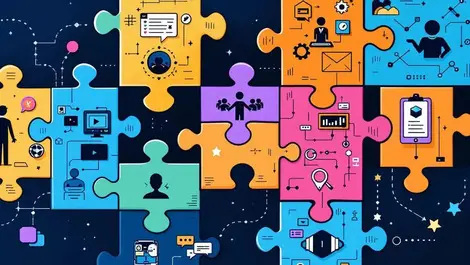 Interconnected puzzle pieces icons people technology handshake collaboration partnership business software development