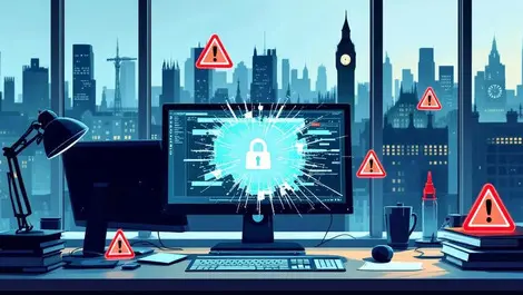 Uk office broken computer interface warning symbols cyber risk vulnerability