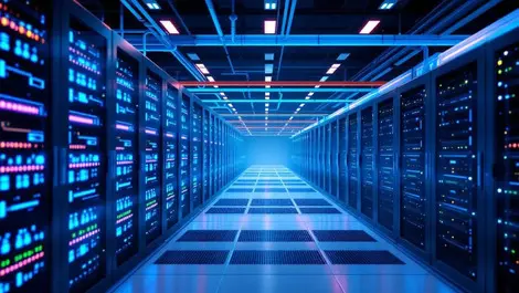 Modern data center server racks liquid cooling blue lighting efficient thermal management