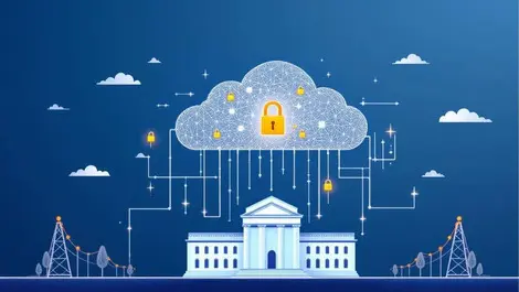 Secure data cloud above government building with digital padlocks and data flows