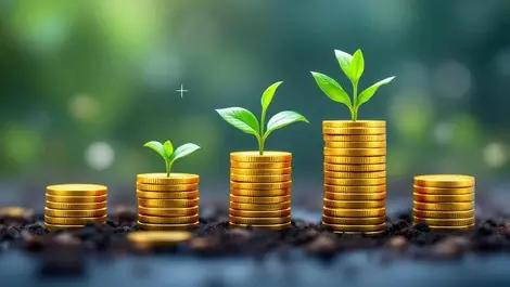 Venture capital investment stacks coins growing plant sprouts healthcare fintech enterprise icons