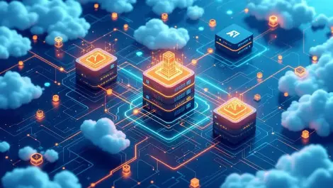 Interconnected data servers cloud icons glowing streams ai analytics symbols